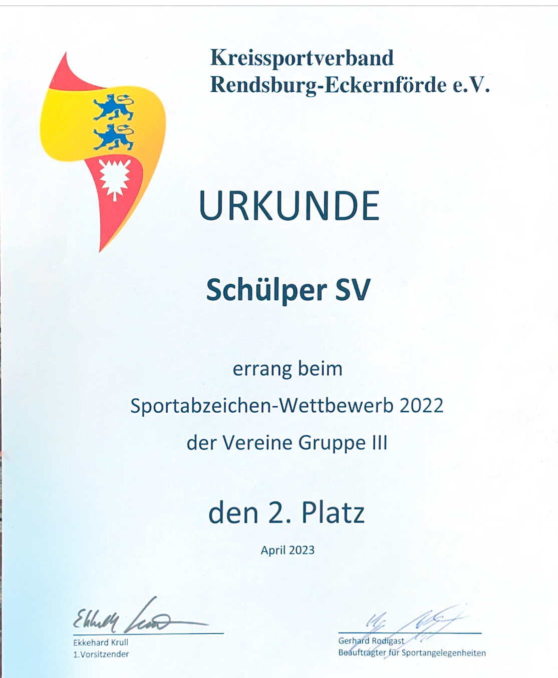 Urkunde zum zweiten Platz für den Schülper SV beimSportabzeichenwetbewerb in 2022 vom Kreissportverband